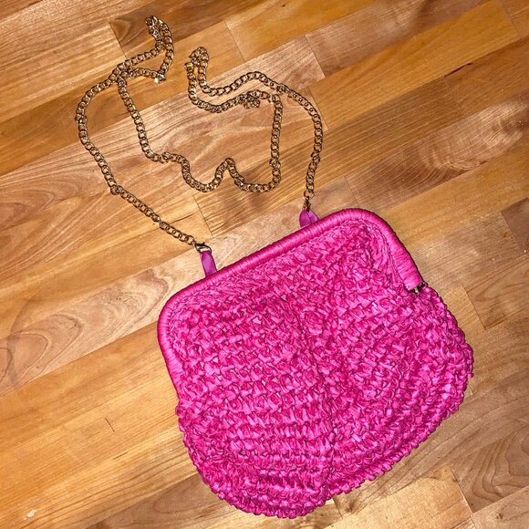 Bright Pink Straw Small Purse Bag with Gold Chain, New in Bag - Picture 1 of 4
